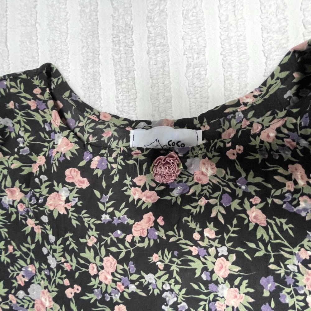 Vintage Le Chat Coco Kids Floral Print Pleated Long Sleeve A-Line Dress - Picture 9 of 9